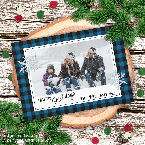 Black Blue Buffalo Lumberjack Plaid  Snowflakes Holiday Card