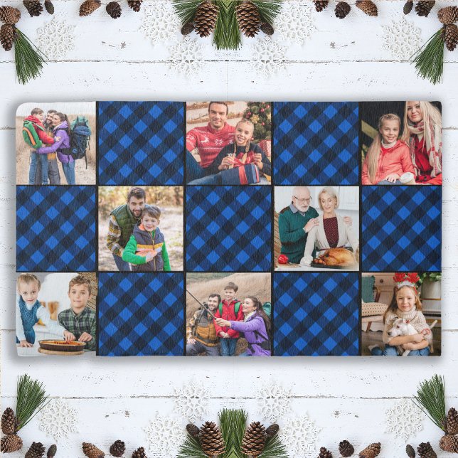Black Blue Buffalo Plaid Custom 8 Photo Holiday Outdoor Rug (Creator Uploaded)