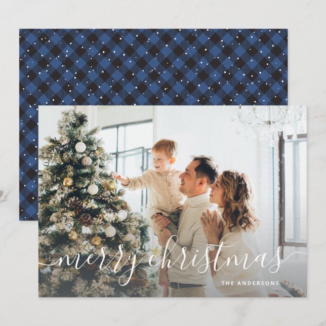 Black Blue Buffalo Plaid Photo Merry Christmas Holiday Card (Front/Back)