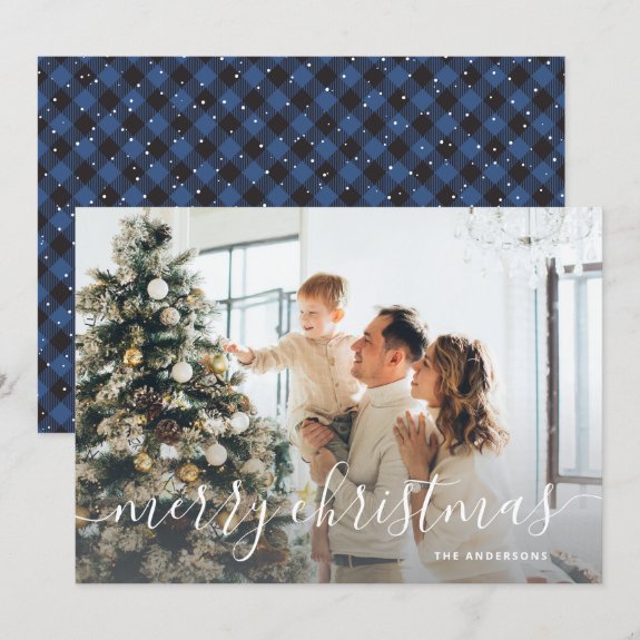 Black Blue Buffalo Plaid Photo Merry Christmas Card