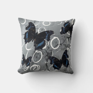 Black/ Blue Butterflies on Silver ground w/Circles Throw Pillow