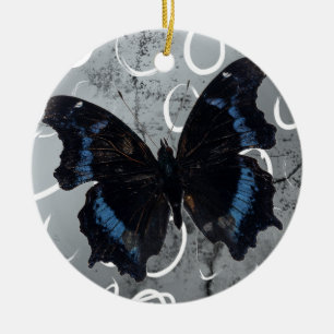 Black & Blue Butterfly on Silver ground w/ Circles Ceramic Ornament