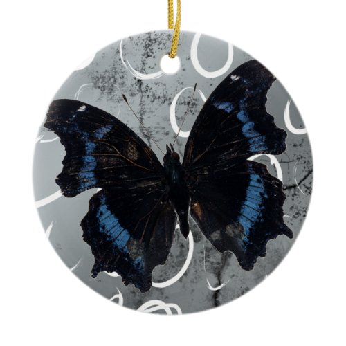 Black &amp; Blue Butterfly on Silver ground w/ Circles Ceramic Ornament