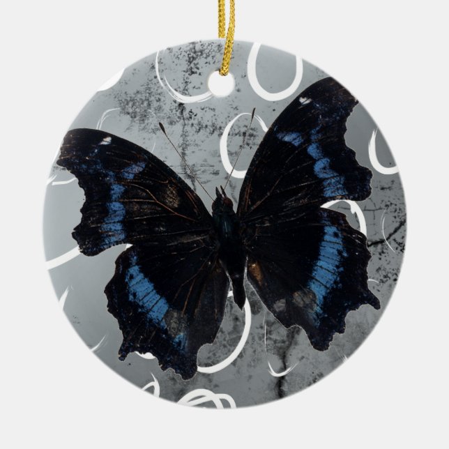 Black & Blue Butterfly on Silver ground w/ Circles Ceramic Ornament (Front)