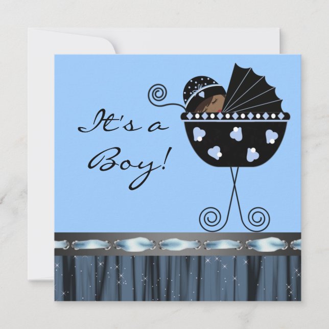 Black Blue Carriage Black Blue Baby Boy Shower Invitation (Front)