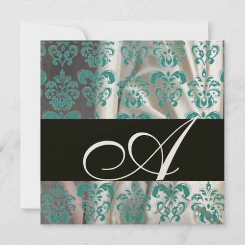 BLACK BLUE CHAMPAGNE SILK DAMASK CLOTH MONOGRAM INVITATION