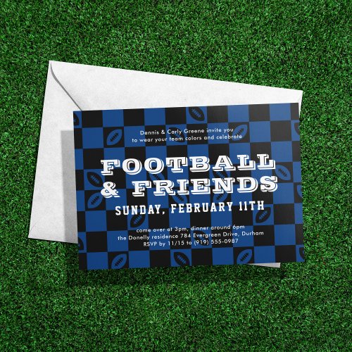 Black Blue Checkerboard Football Game Watch Party Invitation