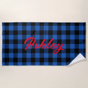 Black Blue Checkered Buffalo Pattern Personalize Beach Towel
