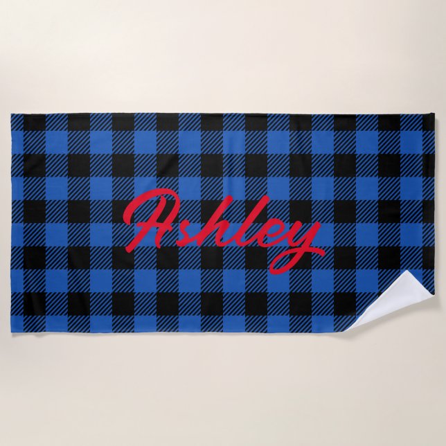 Black Blue Checkered Buffalo Pattern | Personalize Beach Towel (Front)