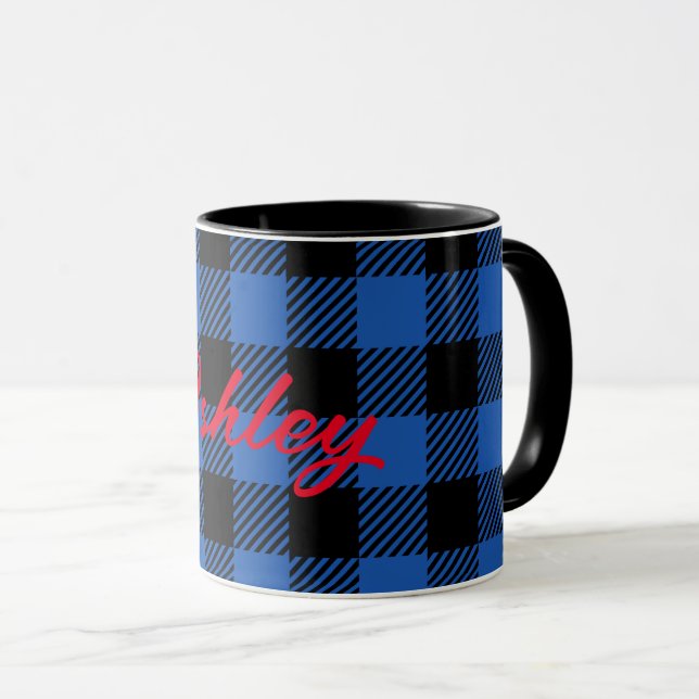Black Blue Checkered Buffalo Pattern | Personalize Mug (Front Right)