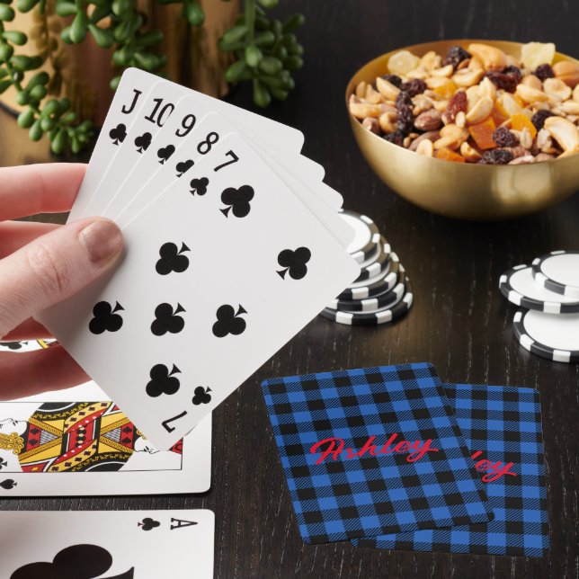 Black Blue Checkered Buffalo Pattern | Personalize Poker Cards (In Situ)