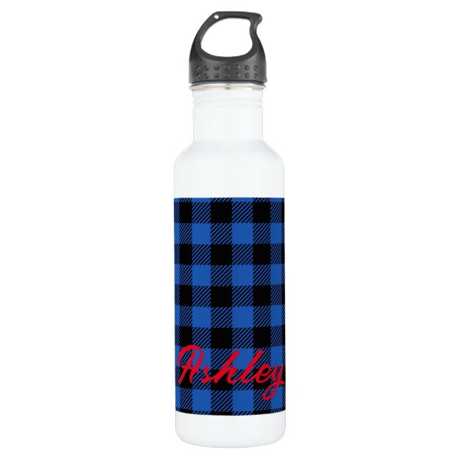 Black Blue Checkered Buffalo Pattern | Personalize Stainless Steel Water Bottle (Front)