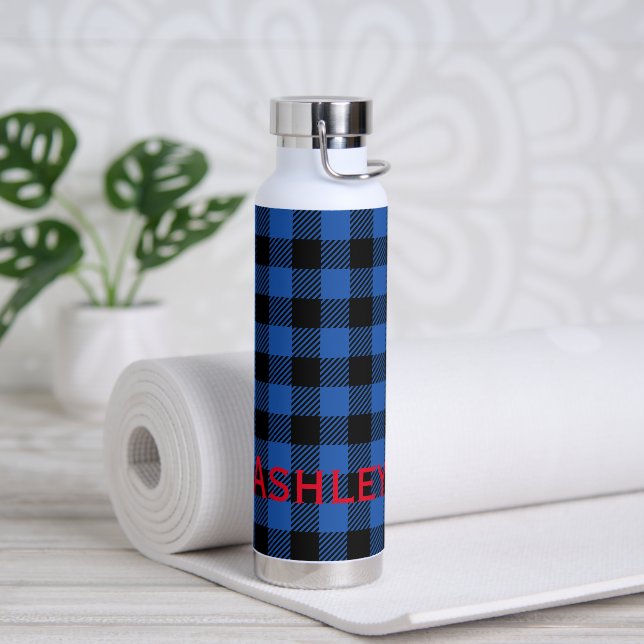 Black Blue Checkered Buffalo Pattern | Personalize Water Bottle (Yoga)