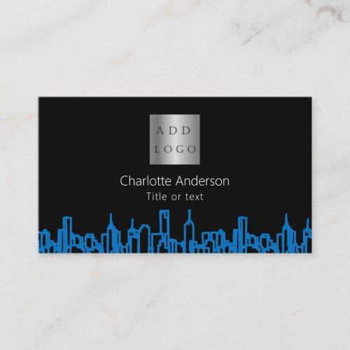 Black blue city skyline real estate logo QR code Business Card