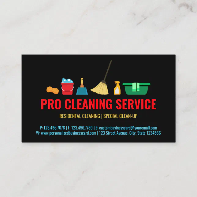 Black blue Cleaning janitorial Supplies house maid Business Card | Zazzle