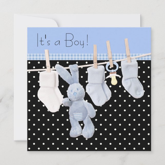 Black Blue Clothesline Baby Boy Shower Invitation (Front)