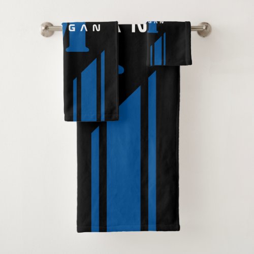 Black Blue Custom Monogram Racer Stripe Bath Towel Set
