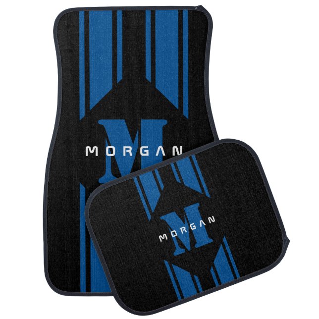 Black Blue Custom Monogram Racer Stripe  Car Floor Mat (Set)