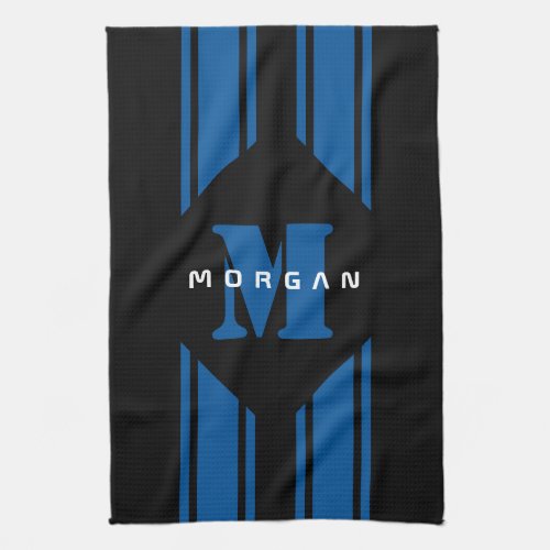 Black Blue Custom Monogram Racer Stripe Kitchen Towel