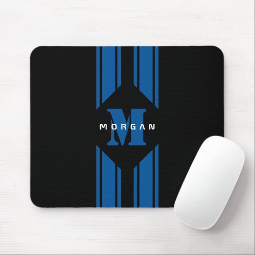 Black Blue Custom Monogram Racer Stripe Mouse Pad