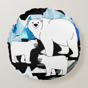 Black Blue Cute Polar Bear Ice Cubs Snow Animal Round Pillow