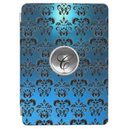 BLACK BLUE DAMASK AND WHITE GEM MONOGRAM iPad AIR COVER