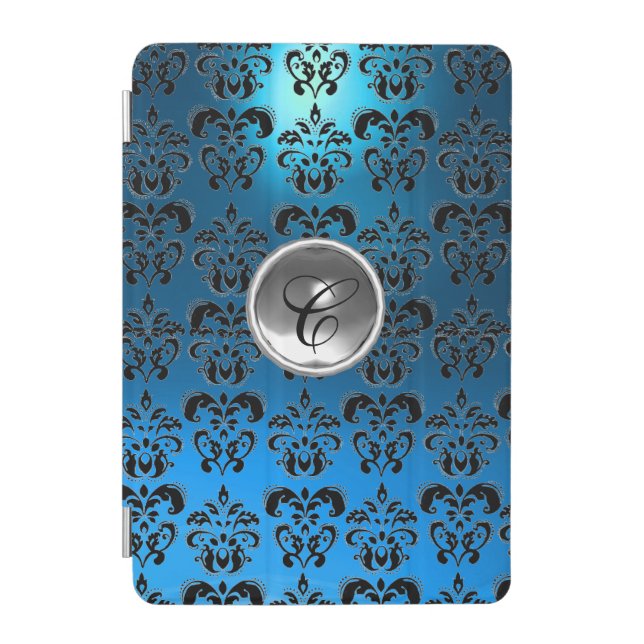 BLACK BLUE DAMASK AND WHITE GEM MONOGRAM iPad MINI COVER (Front)