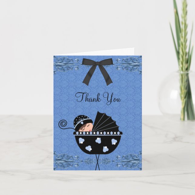 Black Blue Damask Baby Shower Thank You Cards (Front)