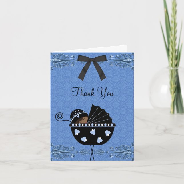 Black Blue Damask Baby Shower Thank You Cards (Front)