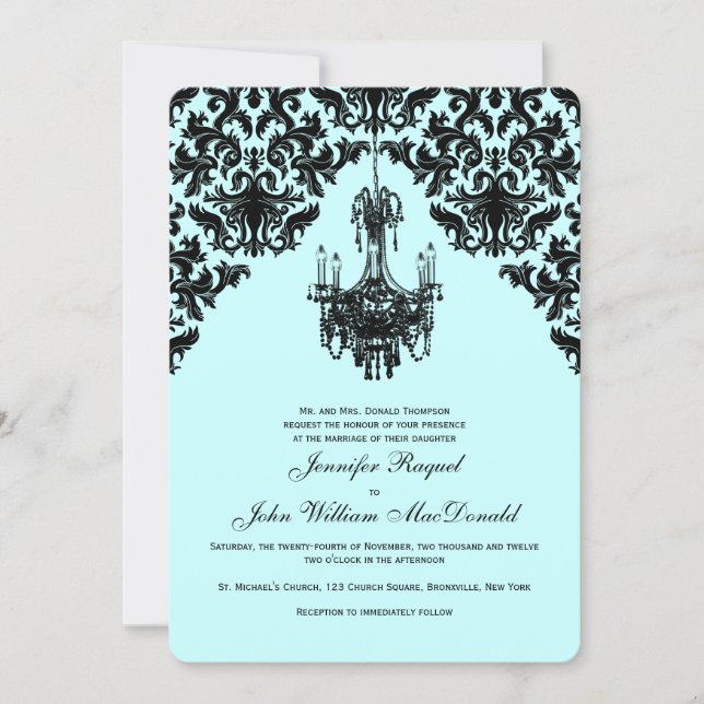 Black Blue Damask Chandelier Wedding Invitation (Front)
