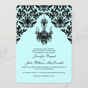 Black Blue Damask Chandelier Wedding Invitation