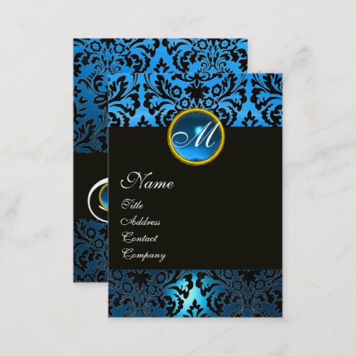 BLACK BLUE DAMASK FLORAL MONOGRAM Sapphire Gem Business Card