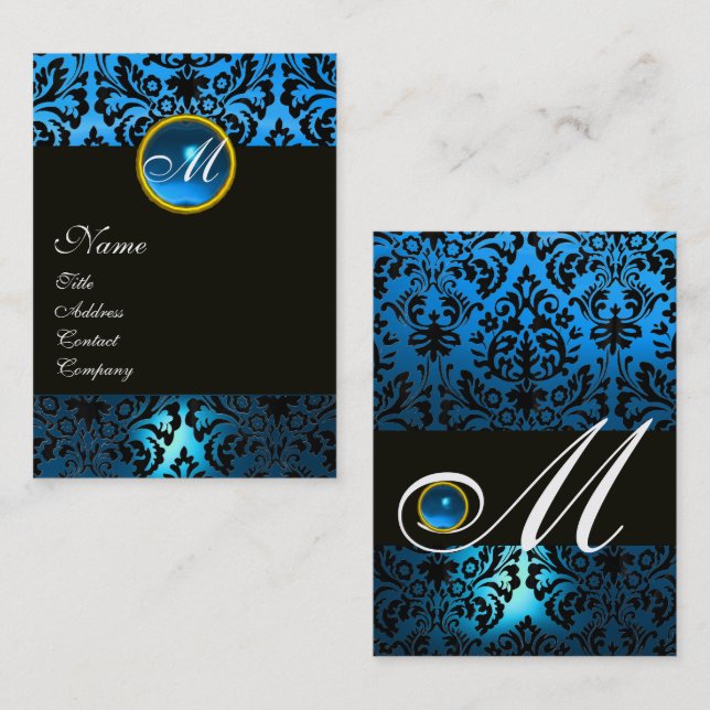 BLACK BLUE DAMASK FLORAL MONOGRAM Sapphire Gem Business Card (Front/Back)