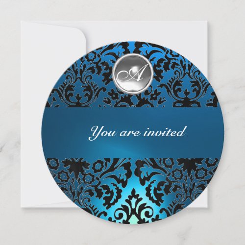 BLACK  BLUE DAMASK GEM STONE MONOGRAM INVITATION