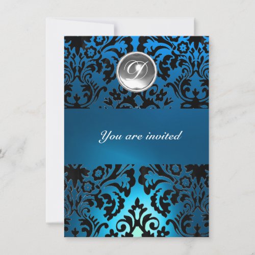 BLACK  BLUE DAMASK GEM STONE MONOGRAM white Invitation