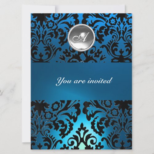 BLACK  BLUE DAMASK GEM STONE MONOGRAM white Invitation