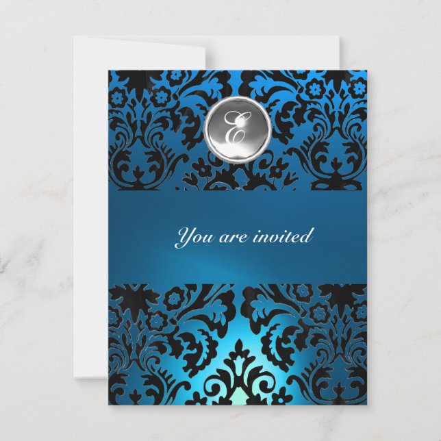 BLACK & BLUE DAMASK GEM STONE MONOGRAM white Invitation (Front)