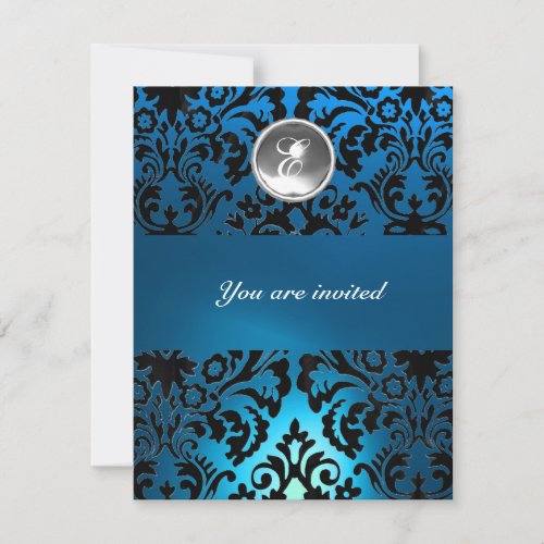 BLACK  BLUE DAMASK GEM STONE MONOGRAM white Invitation