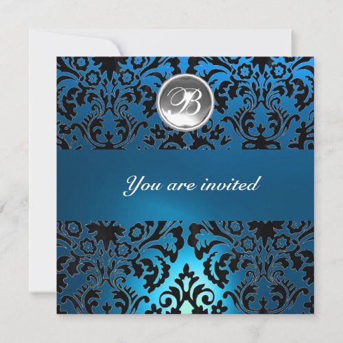 BLACK  BLUE DAMASK GEM STONE MONOGRAM white Invitation