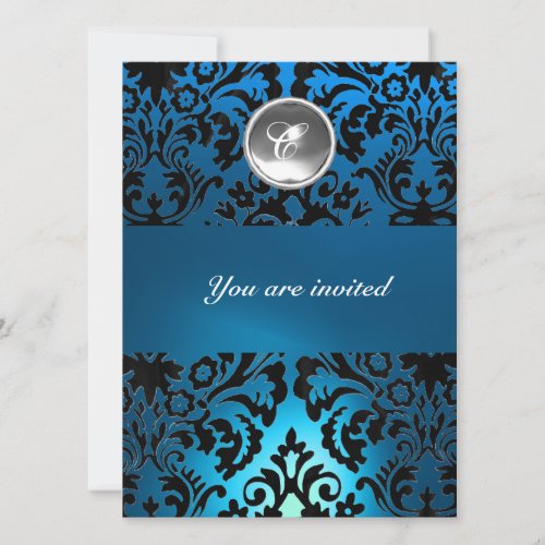 BLACK  BLUE DAMASK GEM STONE MONOGRAM white Invitation