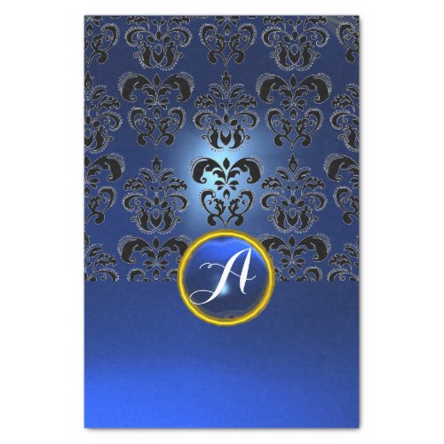 BLACK BLUE DAMASK GEMSTONE MONOGRAM Floral Tissue Paper