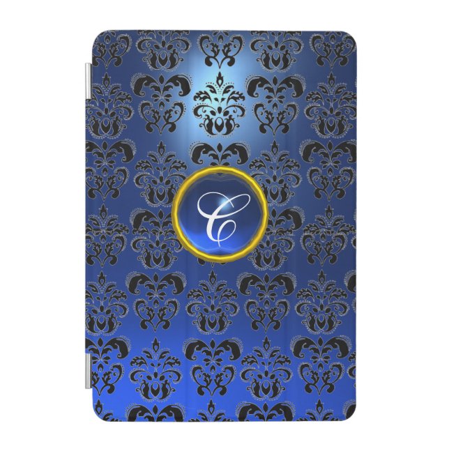 BLACK BLUE DAMASK GEMSTONE MONOGRAM iPad MINI COVER (Front)