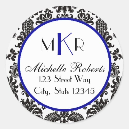 Black  Blue Damask Round Return Address Label