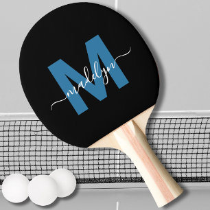 Black Blue Elegant Script Name Monogram Ping Pong Paddle