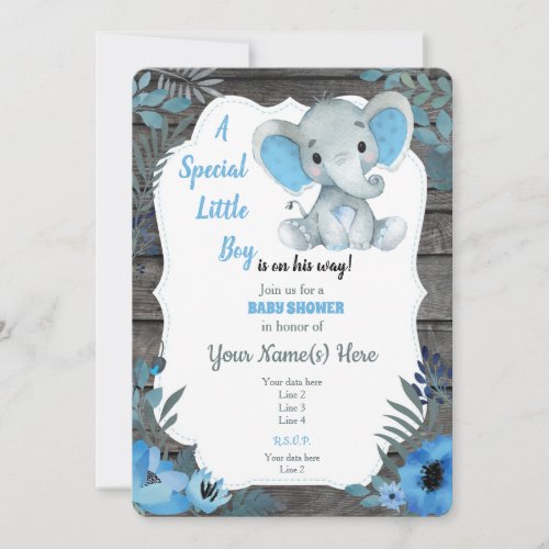 Black blue Elephant Baby Shower Invitation