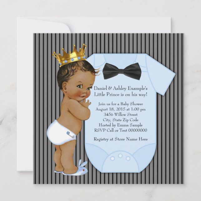 Black Blue Ethnic Prince Baby Shower Gold Crown Invitation (Front)