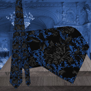 Black & Blue Floral Damask Gothic Wedding Neck Tie