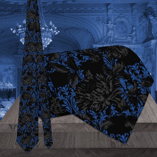 Black  Blue Floral Damask Gothic Wedding Neck Tie