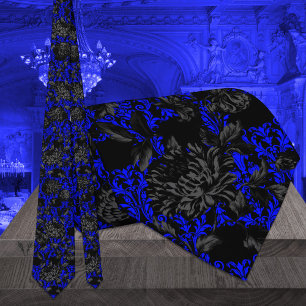 Black & Blue Floral Damask Gothic Wedding Neck Tie