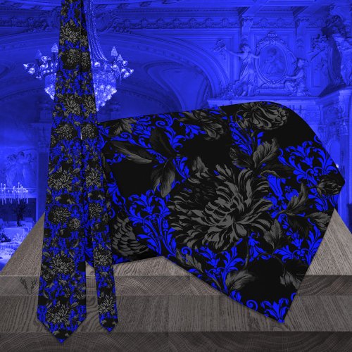 Black  Blue Floral Damask Gothic Wedding Neck Tie